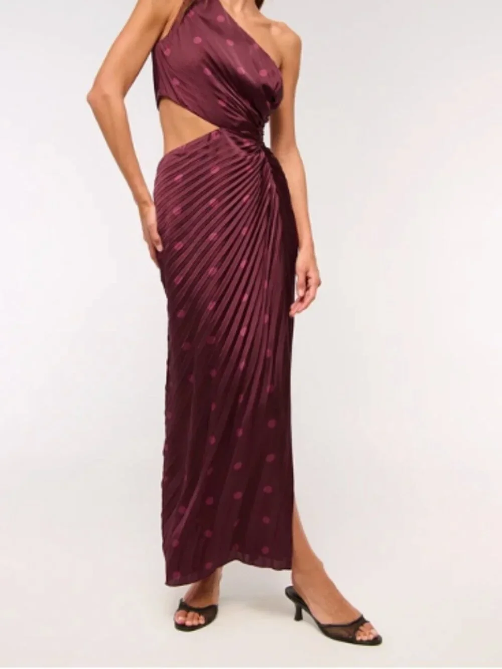 NWOT A&F Giselle Pleated One-Shoulder Cutout Maxi Dress Polka Dot Satin S